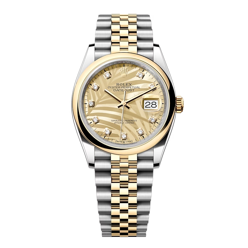 Đồng Hồ Rolex Datejust 36 126203 Mặt Số Cây Lá Nhiệt Đới Vàng Champagne Cọc Số Nạm Kim Cương