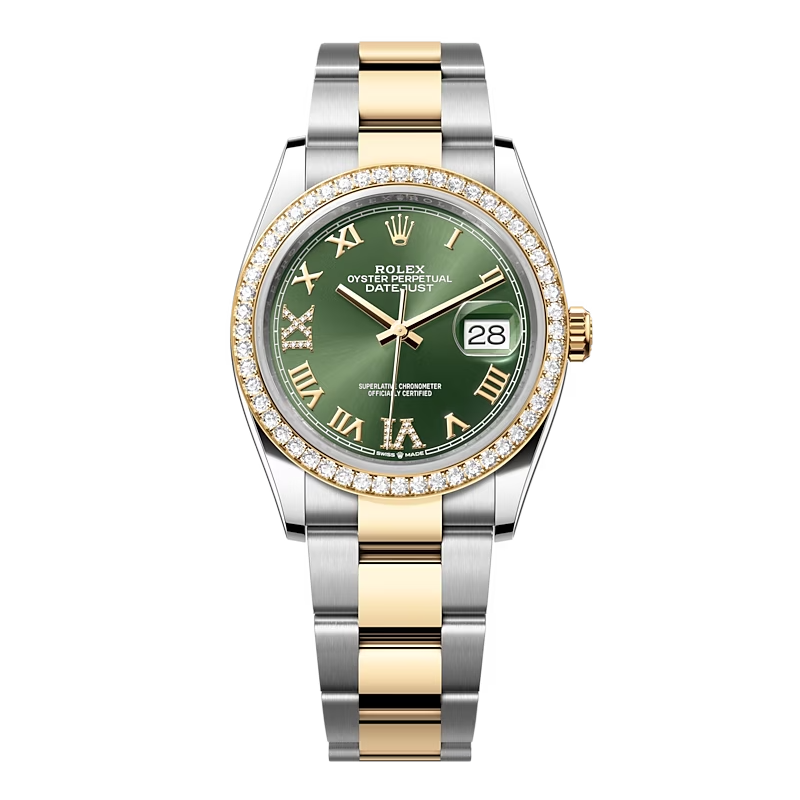Đồng Hồ Rolex Datejust 36 126283RBR Mặt Số Xanh Oliu Cọc Số La Mã Nạm Kim Cương Dây Đeo Oyster