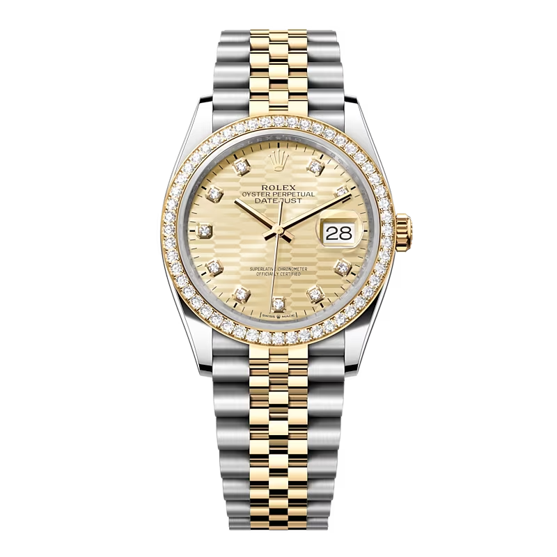 Đồng Hồ Rolex Datejust 36 126283RBR Mặt Số Vàng Champagne Vân Gấp Nếp Cọc Số Nạm Kim Cương