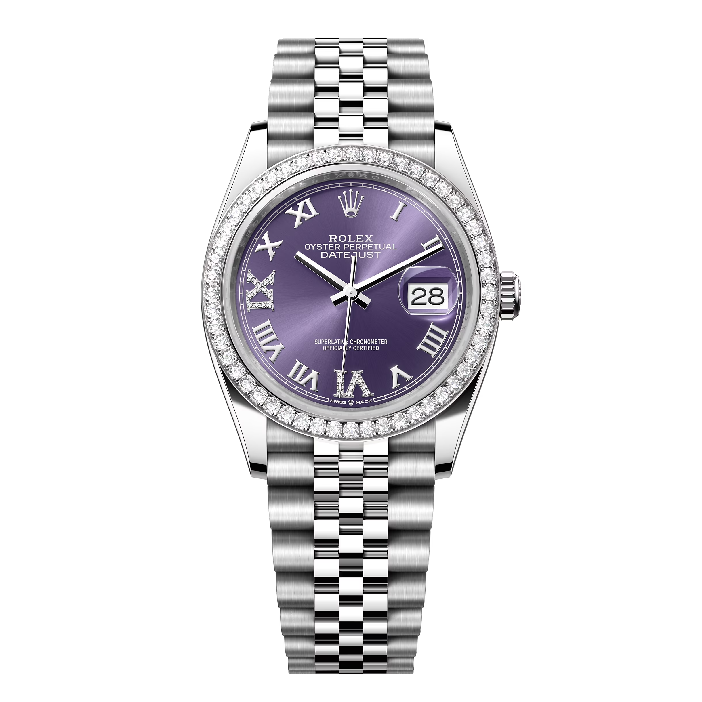 Đồng Hồ Rolex Datejust 36 126284RBR Mặt Số Tím Cọc Số La Mã Nạm Kim Cương